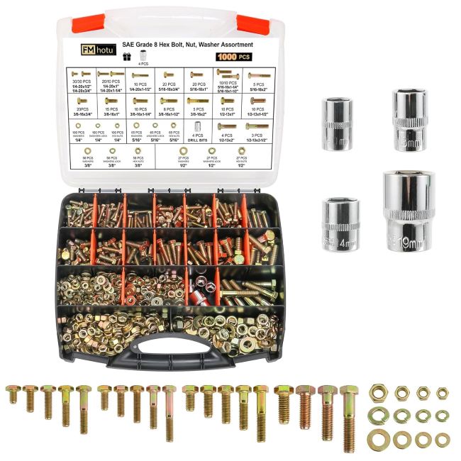 FMhotu 1000-piece Grade 8 bolt assortment kit with alloy steel hex cap screws, nuts, and washers for heavy-duty applications