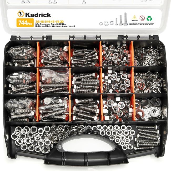 Kadrick stainless steel hex bolts assortment kit with SAE sizes, nuts, flat washers, and lock washers for durable fastening projects