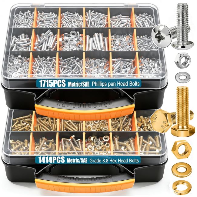Taiss 3129-piece nuts and bolts assortment kit with mixed SAE and metric sizes, organized fastener set for repair and DIY projects