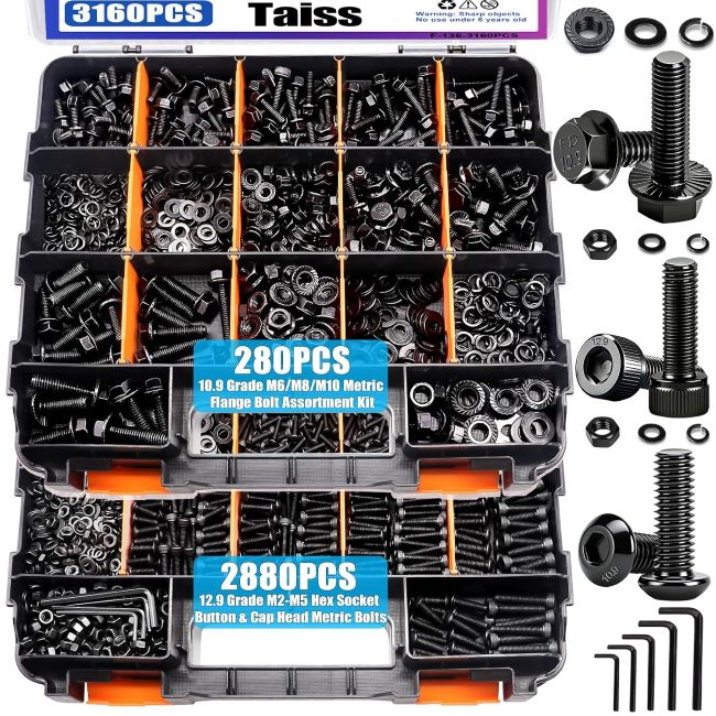 Taiss 3160-piece metric flange bolt assortment kit with multiple sizes, hex socket screws, nuts, and washers in organized storage case