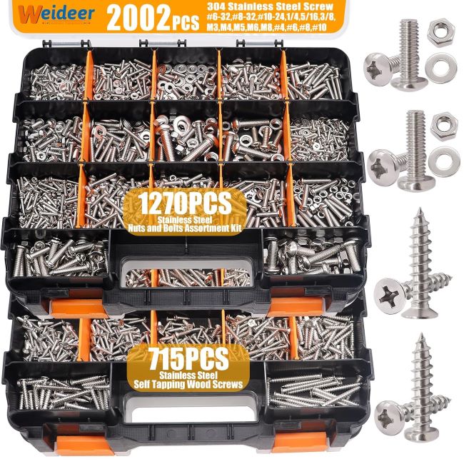weideer 2002-piece stainless steel hardware kit with metric and SAE screws, bolts, nuts, and washers in double-sided organizer box