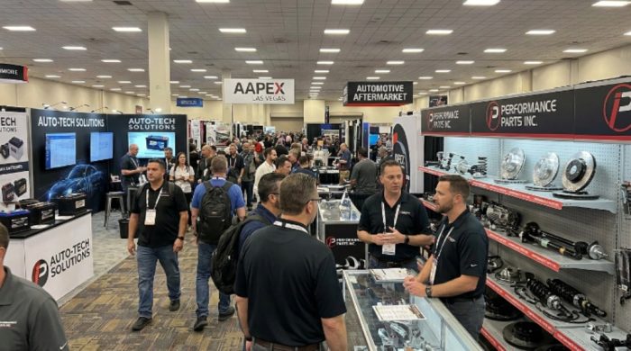 Automotive aftermarket exhibitors showcasing parts at AAPEX Las Vegas