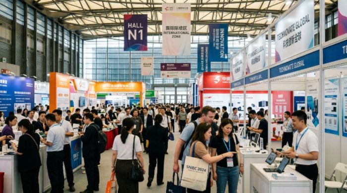 Visitors exploring exhibitor booths at Shanghai New International Expo Centre