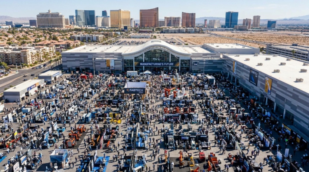 Aerial view of the Las Vegas Convention Center during FABTECH 2026, with crowds of manufacturing professionals on the show floor