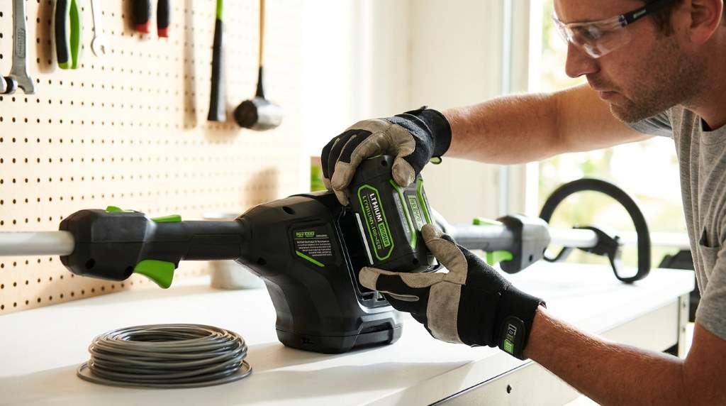 Homeowner using a cordless string trimmer around a garden bed