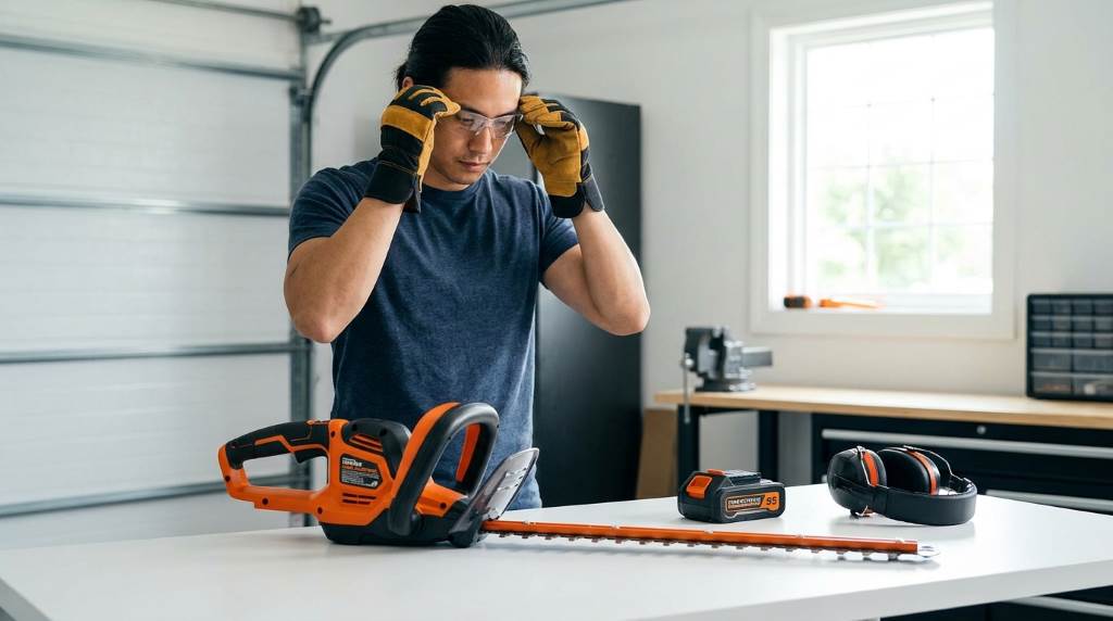 Person safely using a cordless hedge trimmer while wearing protective gear