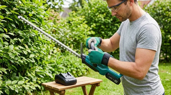 Proper storage of cordless hedge trimmer and battery after gardening work