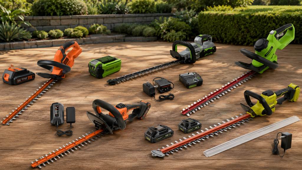 cordless hedge trimmer cutting backyard shrubs in Texas