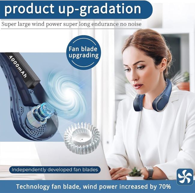 ASNUG USB rechargeable neck fan with 4000mAh battery and three adjustable cooling speeds