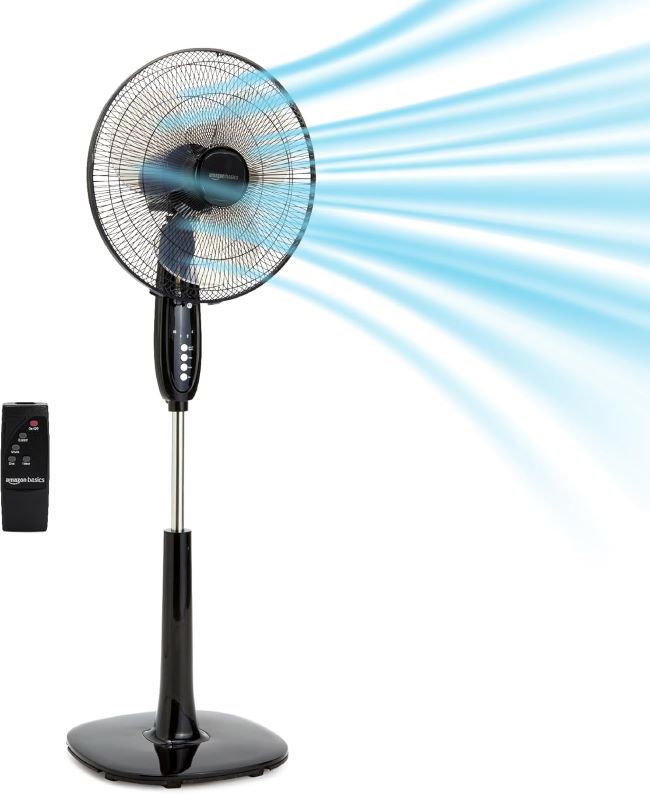 Amazon Basics 16-inch pedestal fan with remote control, adjustable height, and three-speed cooling