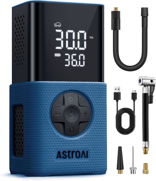 AstroAI L7S portable tire inflator inflating a car tire in Washington