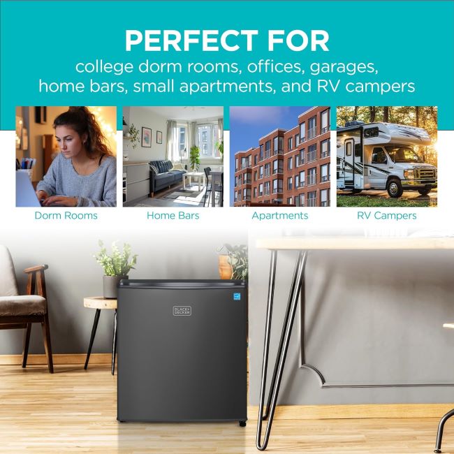 BLACK+DECKER 1.7 Cu. Ft. compact refrigerator in a Texas dorm room storing drinks and snacks