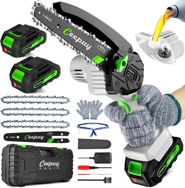 CEEPUY 6-inch cordless chainsaw trimming tree branches in a Pennsylvania yard