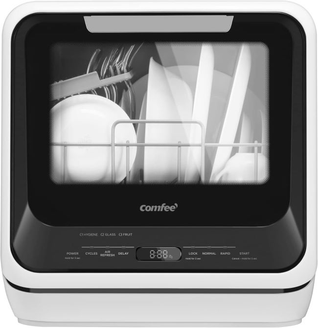 COMFEE' portable mini countertop dishwasher cleaning dishes in a New York apartment kitchen