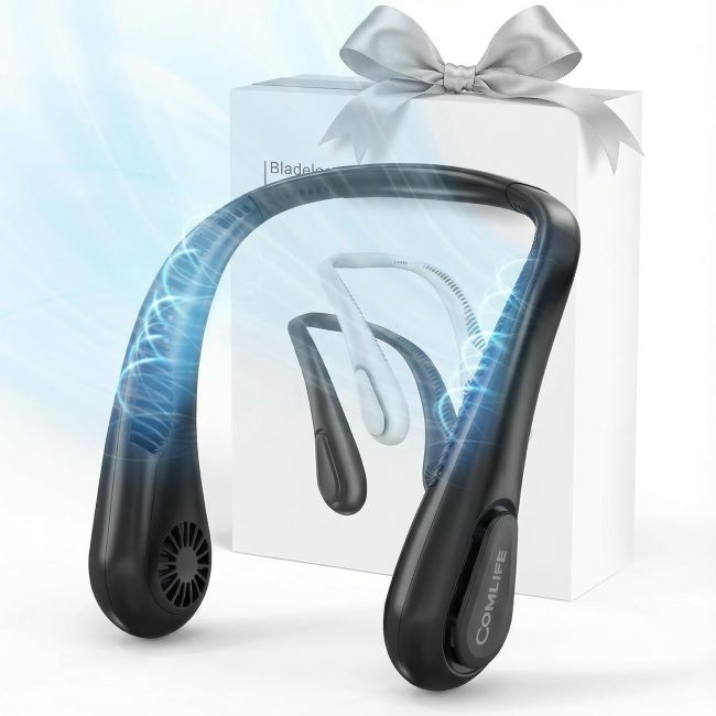 COMLIFE bladeless wearable neck fan with rechargeable battery for camping, travel, beach, and outdoor adventures
