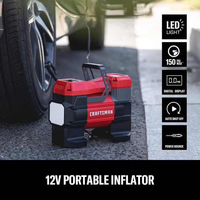 Affordable CRAFTSMAN 150 PSI tire inflator with digital gauge, auto shut-off, and LED light
