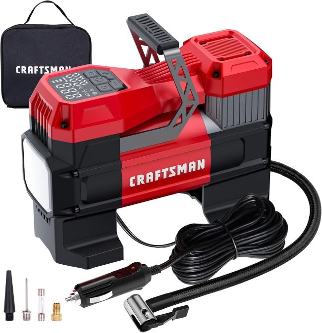 CRAFTSMAN 150 PSI portable air compressor inflating a car tire in California