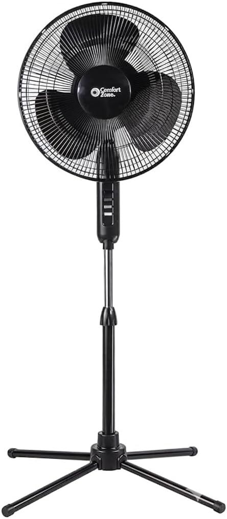 Comfort Zone 16-inch oscillating pedestal fan with adjustable height, tilt, and three-speed airflow
