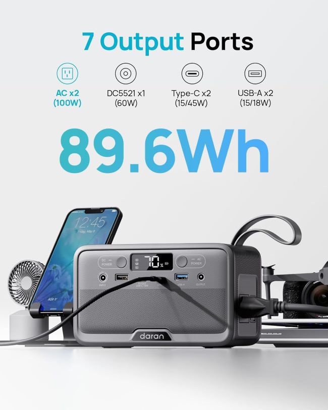 Compact DARAN portable power station with AC outlet, USB ports, and LiFePO4 battery for travel and outdoor use