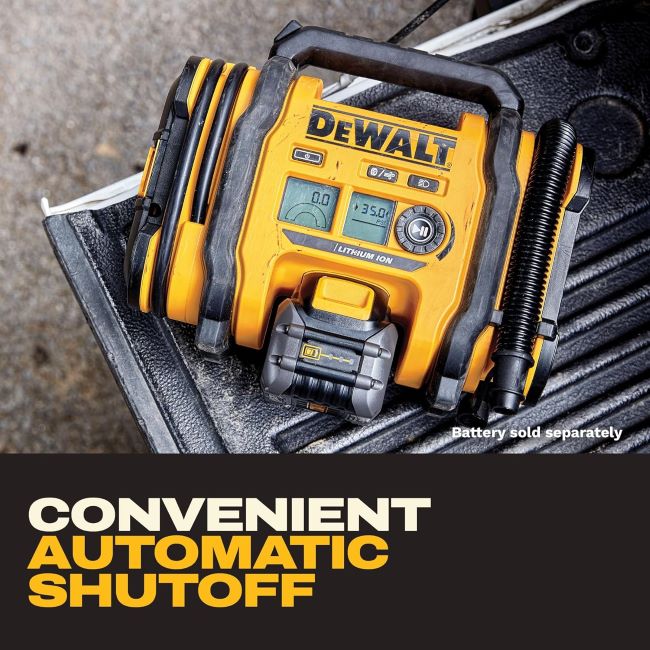 DEWALT 20V MAX portable tire inflator with digital pressure gauge and auto shut-off