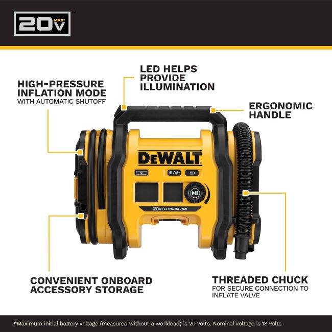 DEWALT cordless tire inflator for cars, trucks, bicycles, and sports equipment