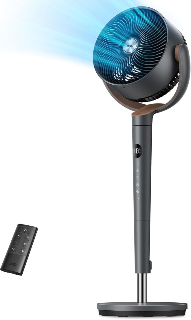 DREO pedestal fan with 120-degree oscillation, DC motor, and ultra-quiet airflow for bedrooms