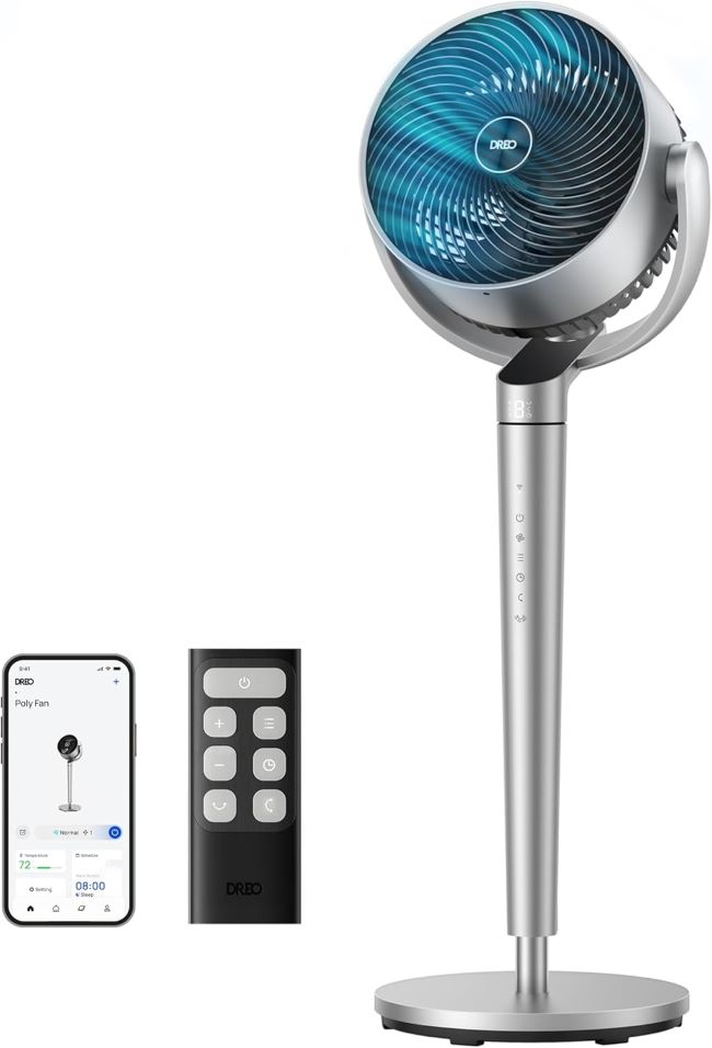 DREO smart pedestal fan with Wi-Fi, voice control, 150-degree oscillation, and DC motor