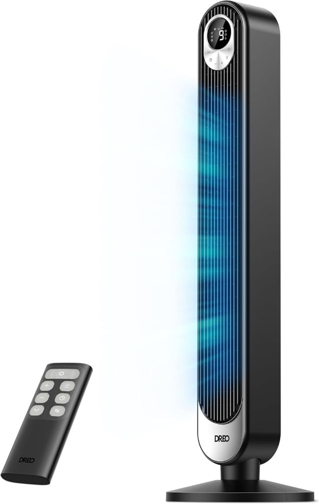 DREO 42-inch tower fan with 28 ft/s airflow, 20dB quiet operation, remote control, and LED display
