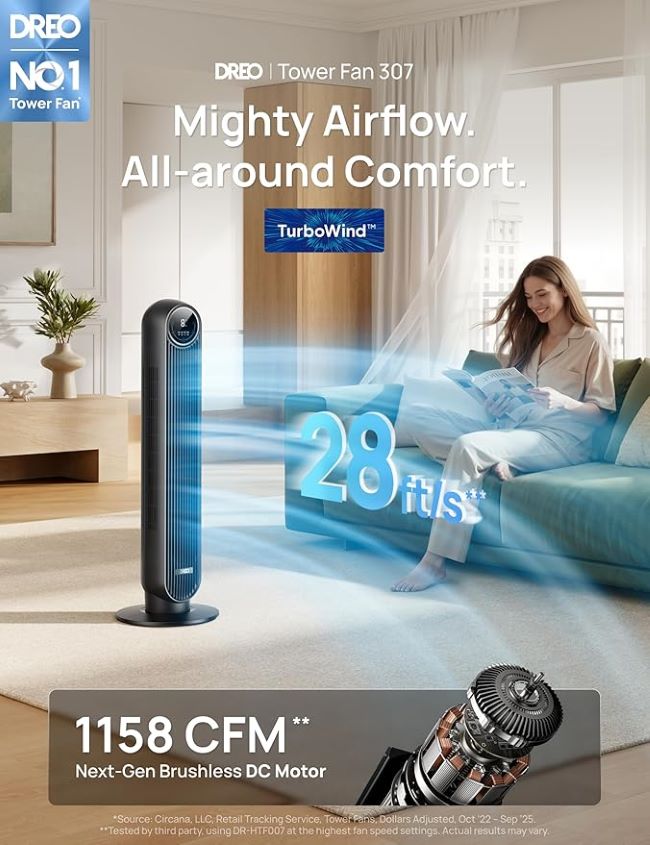 DREO 2026 tower fan with DC motor, 20dB ultra-quiet operation, and 90-degree oscillation