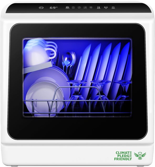 EUHOMY countertop portable dishwasher cleaning dishes in a small New York apartment kitchen