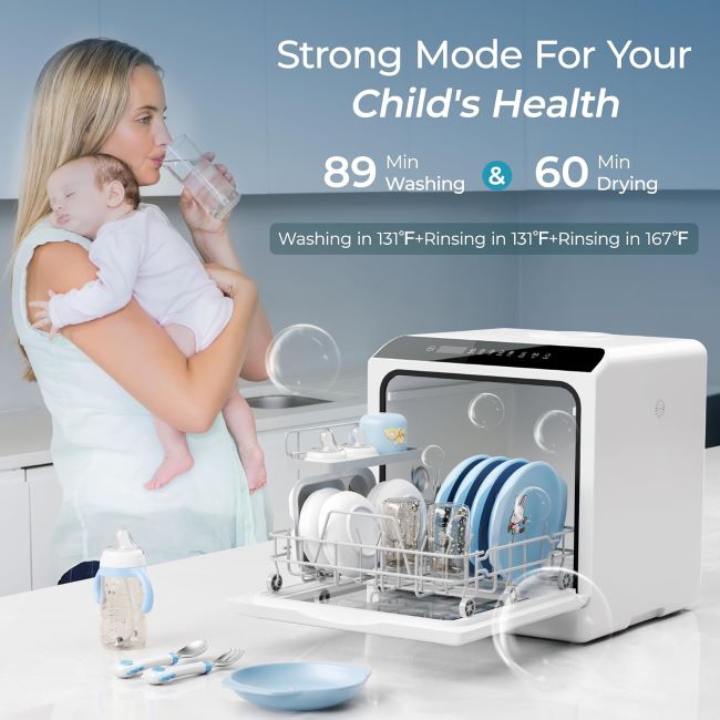 EUHOMY mini dishwasher with built-in water tank and multiple wash programs for compact spaces