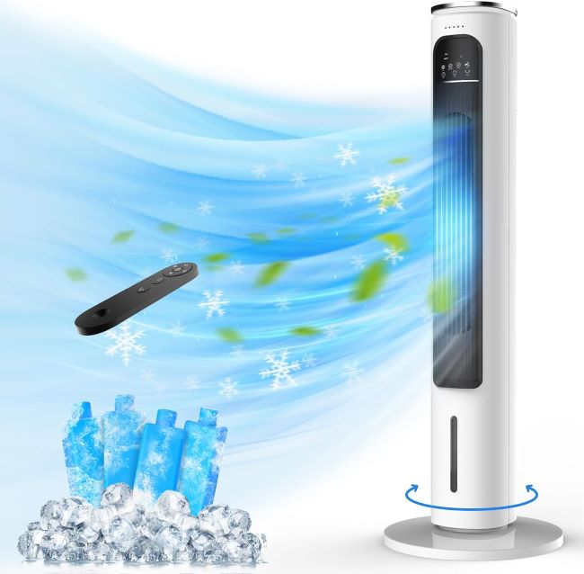 FLOWBREEZE evaporative cooling tower fan with 2.5-liter water tank, remote control, and ice packs