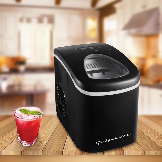 FRIGIDAIRE portable countertop ice maker with self-cleaning function and ice basket for home, office, and RV use