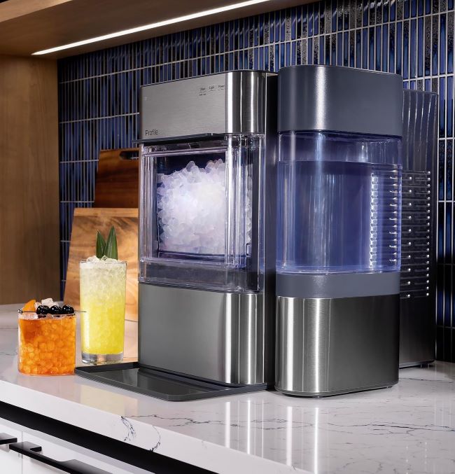 GE Profile Opal Ultra countertop nugget ice maker producing chewable ice in a California kitchen