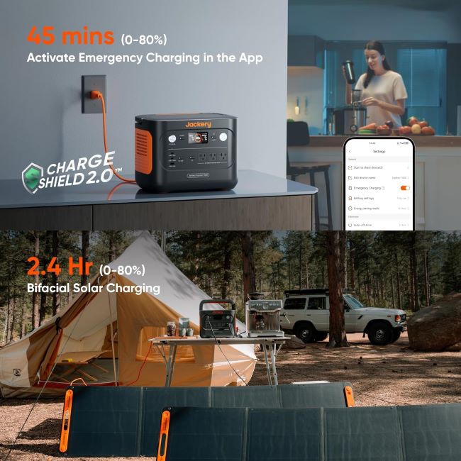 Jackery Explorer 1000 v2 with multiple AC, USB-C, and DC outputs for home, RV, and outdoor use