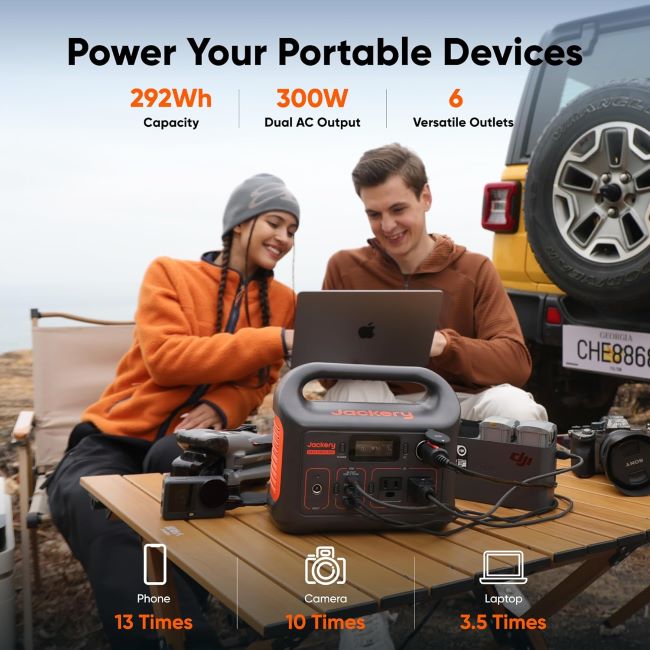 Compact Jackery Explorer 300 portable power station charging laptops, phones, and small appliances during emergencies