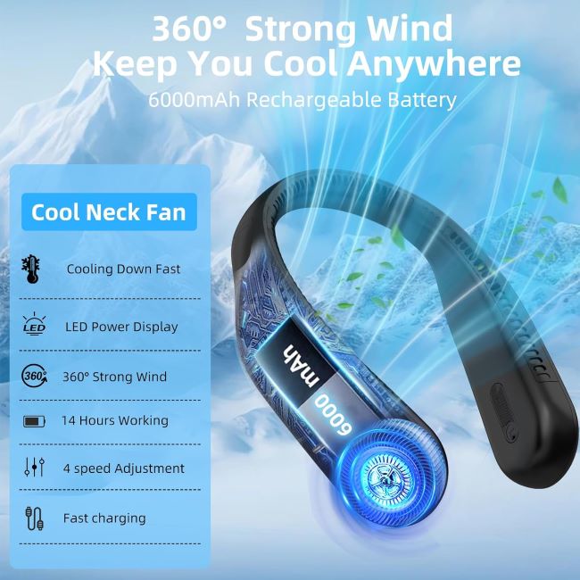 Kinhowly portable neck fan with 6000mAh battery, 360-degree airflow, LED display, and four speed settings