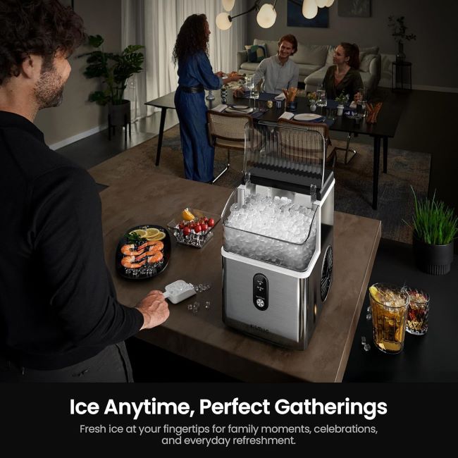 Kismile nugget ice maker producing soft chewable ice on a Florida kitchen countertop
