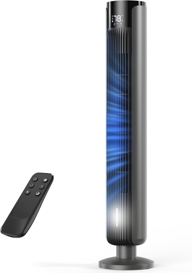 LEBKOVL silent tower fan with remote control, LED display, touch controls, and temperature display