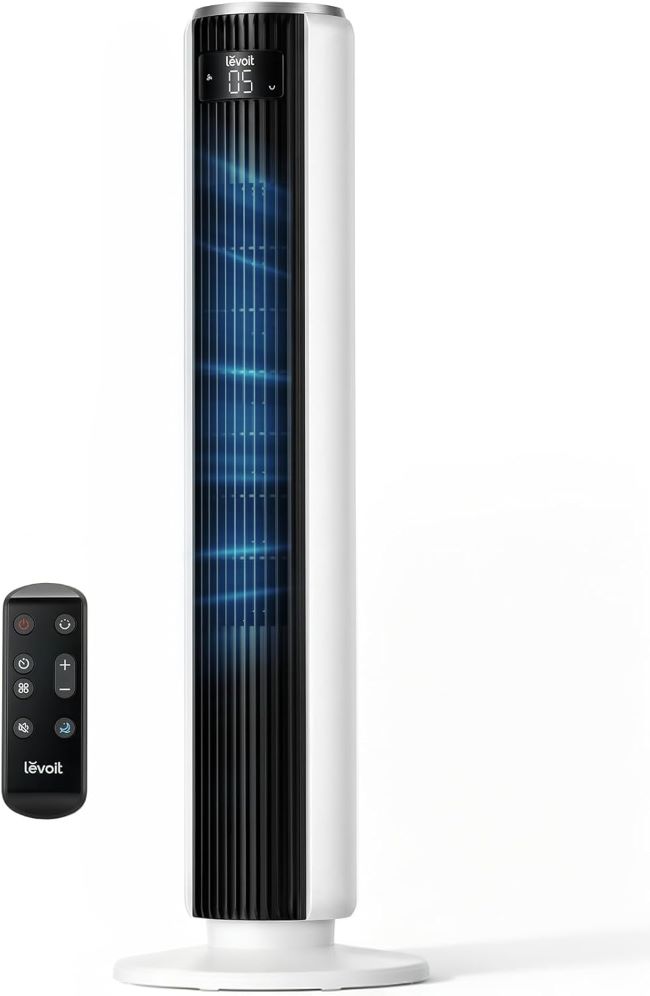 LEVOIT tower fan with 90-degree oscillation, 28dB quiet operation, and remote control