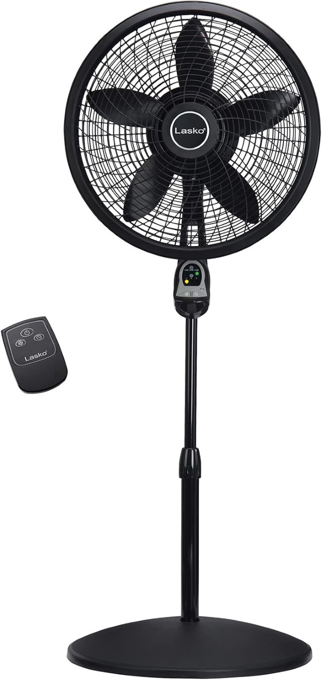 Lasko Cyclone pedestal fan with remote control, adjustable height, and three quiet speed settings