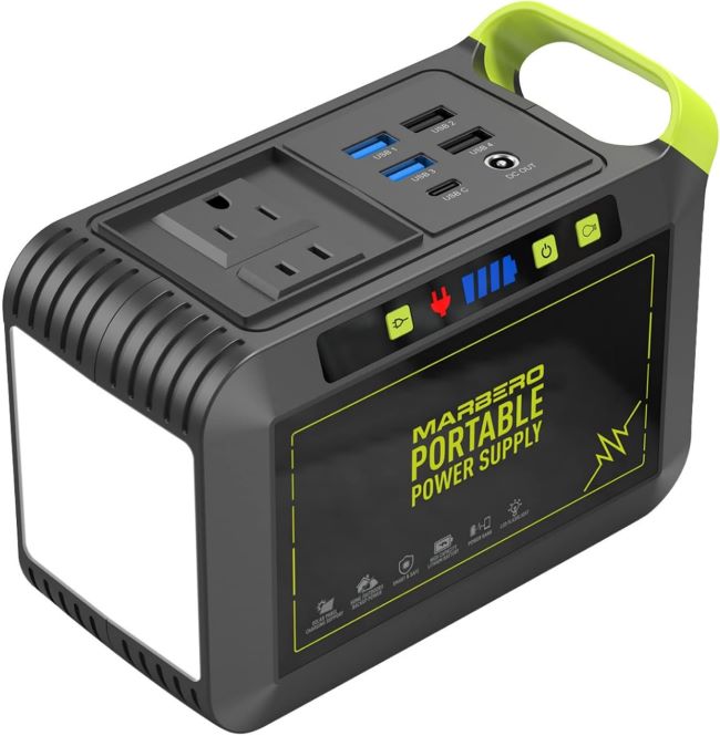 Compact MARBERO Portable Power Station 88Wh with AC, USB, and DC outputs for travel and emergency backup