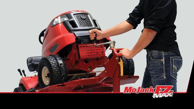 MoJack EZ MAX mower lift raising a riding lawn mower for maintenance and repairs