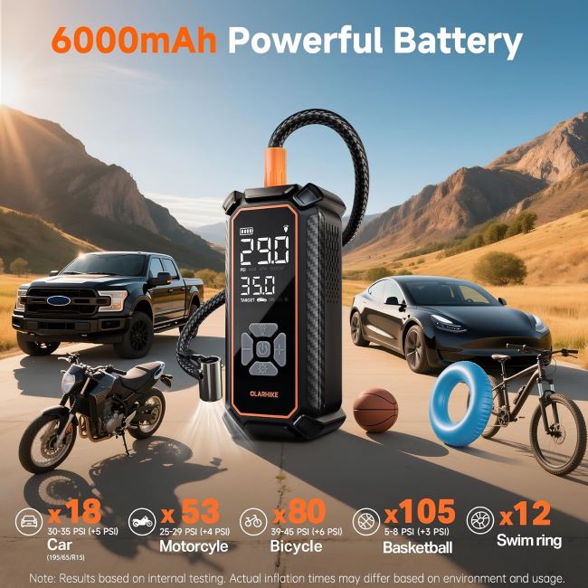 OlarHike air compressor with digital pressure gauge, auto shut-off, and LED light