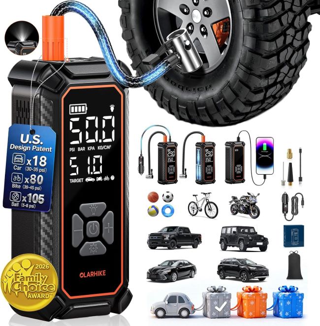 OlarHike portable tire inflator with dual power inflating a car tire in Texas
