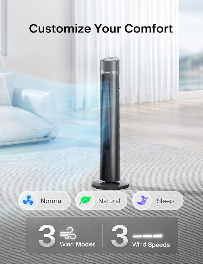 PELONIS 40-inch bladeless tower fan with 90-degree oscillation, remote control, and LED display