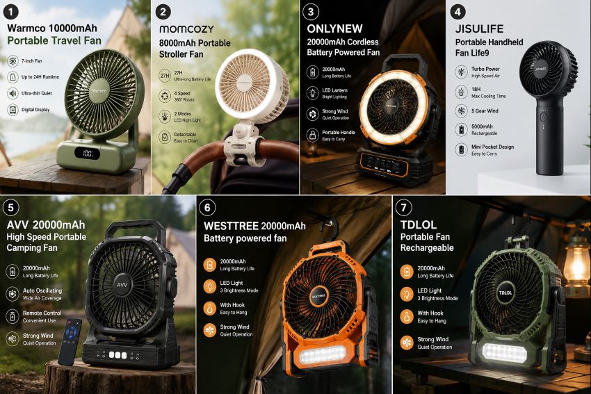 Portable rechargeable fan providing powerful cooling for camping, travel, and outdoor adventures