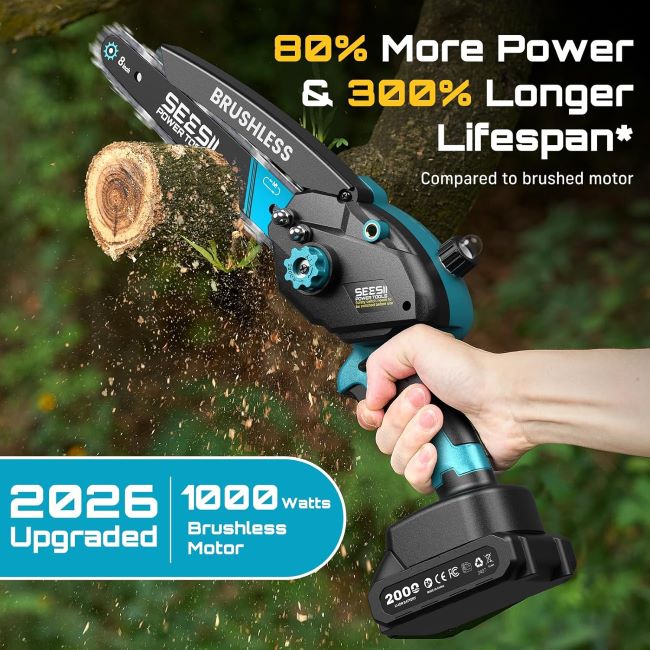 SEESII battery-powered mini chainsaw cutting branches and small logs outdoors