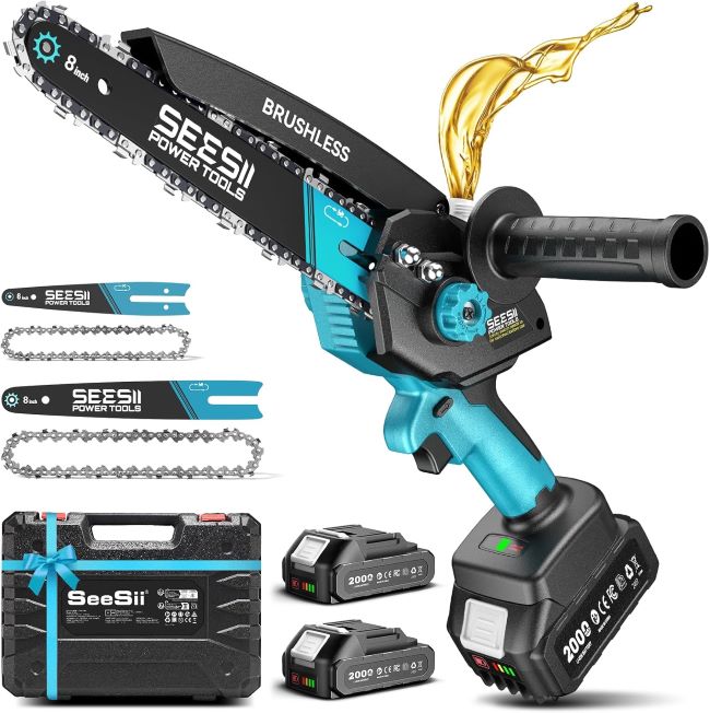 SEESII handheld cordless chainsaw trimming tree branches in a Pennsylvania garden