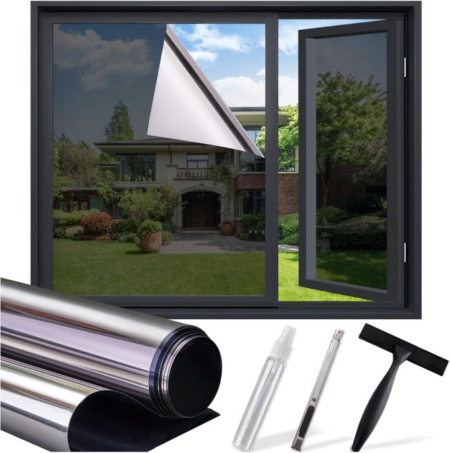 SUNBABY one-way window privacy film with heat and UV blocking, static cling installation, and application tools